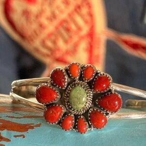 Beautifully Crafted Coral and Green Turquoise Cuff Bracelet 
Sterling Silver